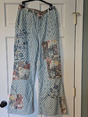 Free People C WES. RIDGE C Blue Patte  Patchwork Pants with Floral Details